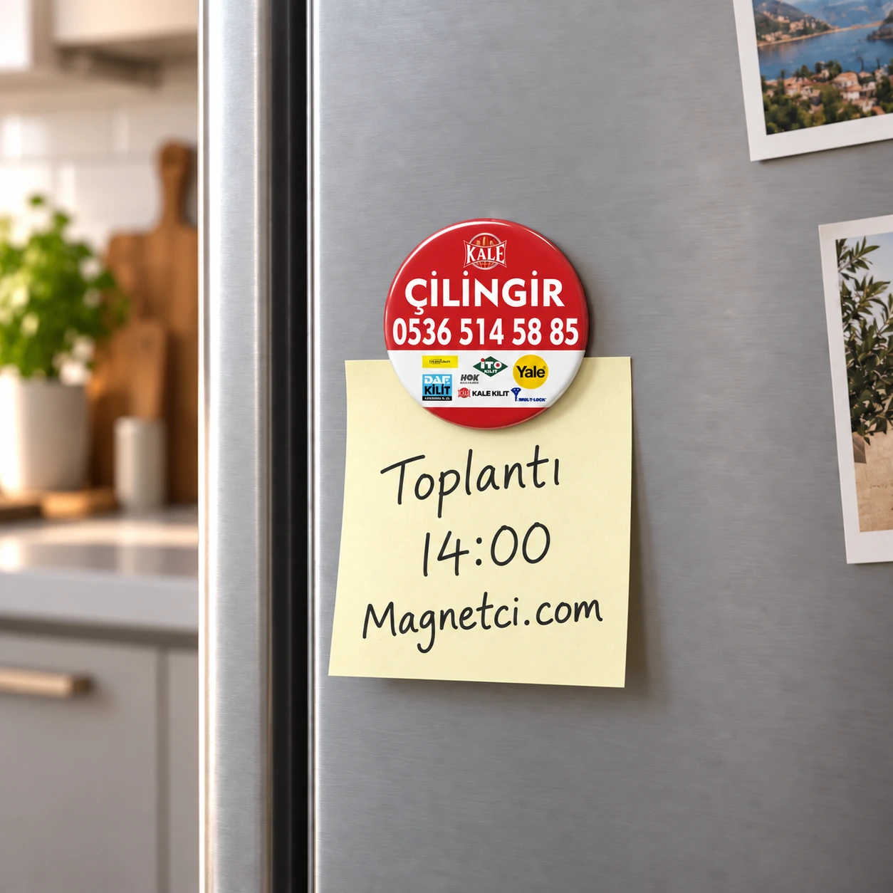 58MM-02 buzdolabında Toplantı 14:00 Magnetci.com notunu tutan 58 mm buton magnet