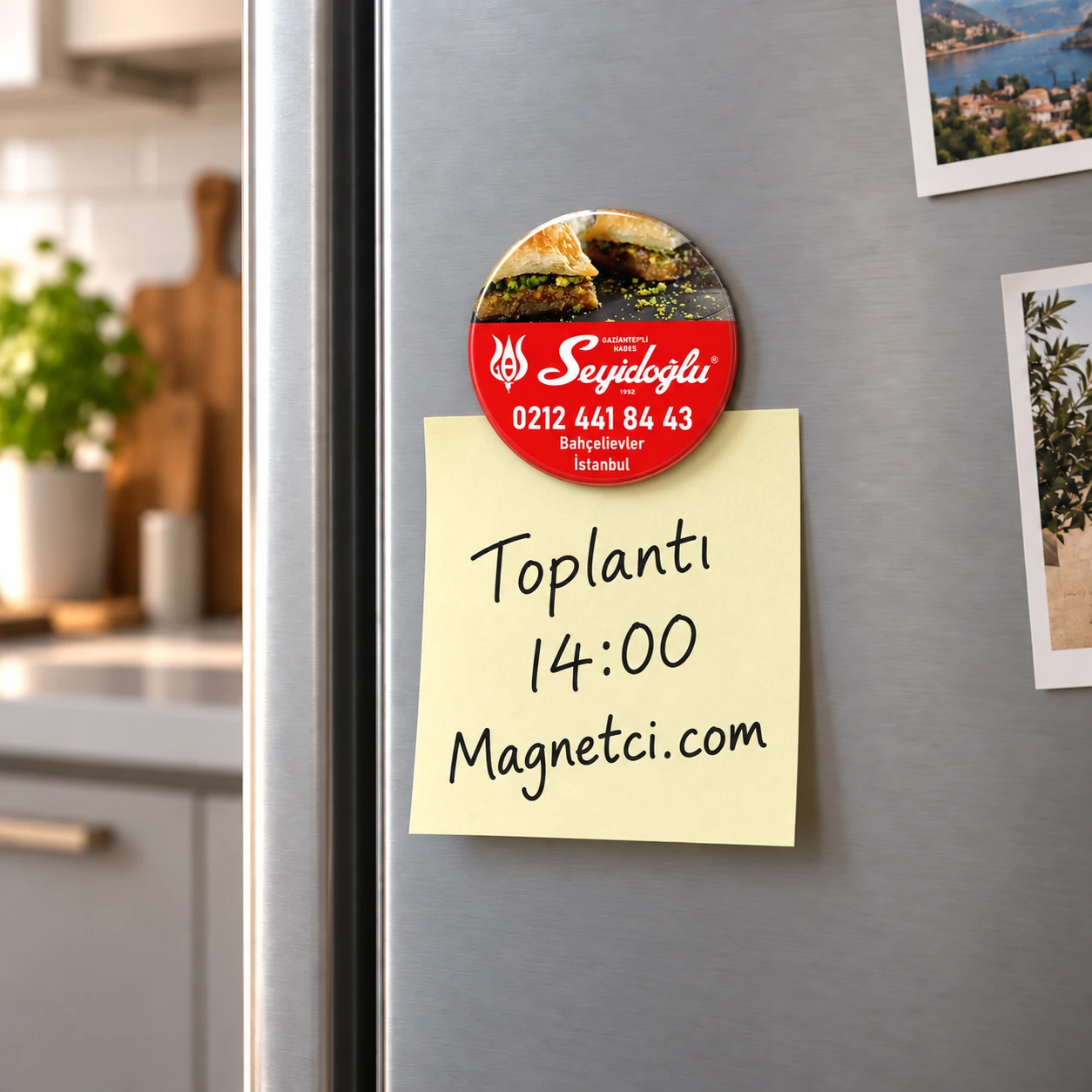 58MM-03 buzdolabında Toplantı 14:00 Magnetci.com notunu tutan 58 mm buton magnet