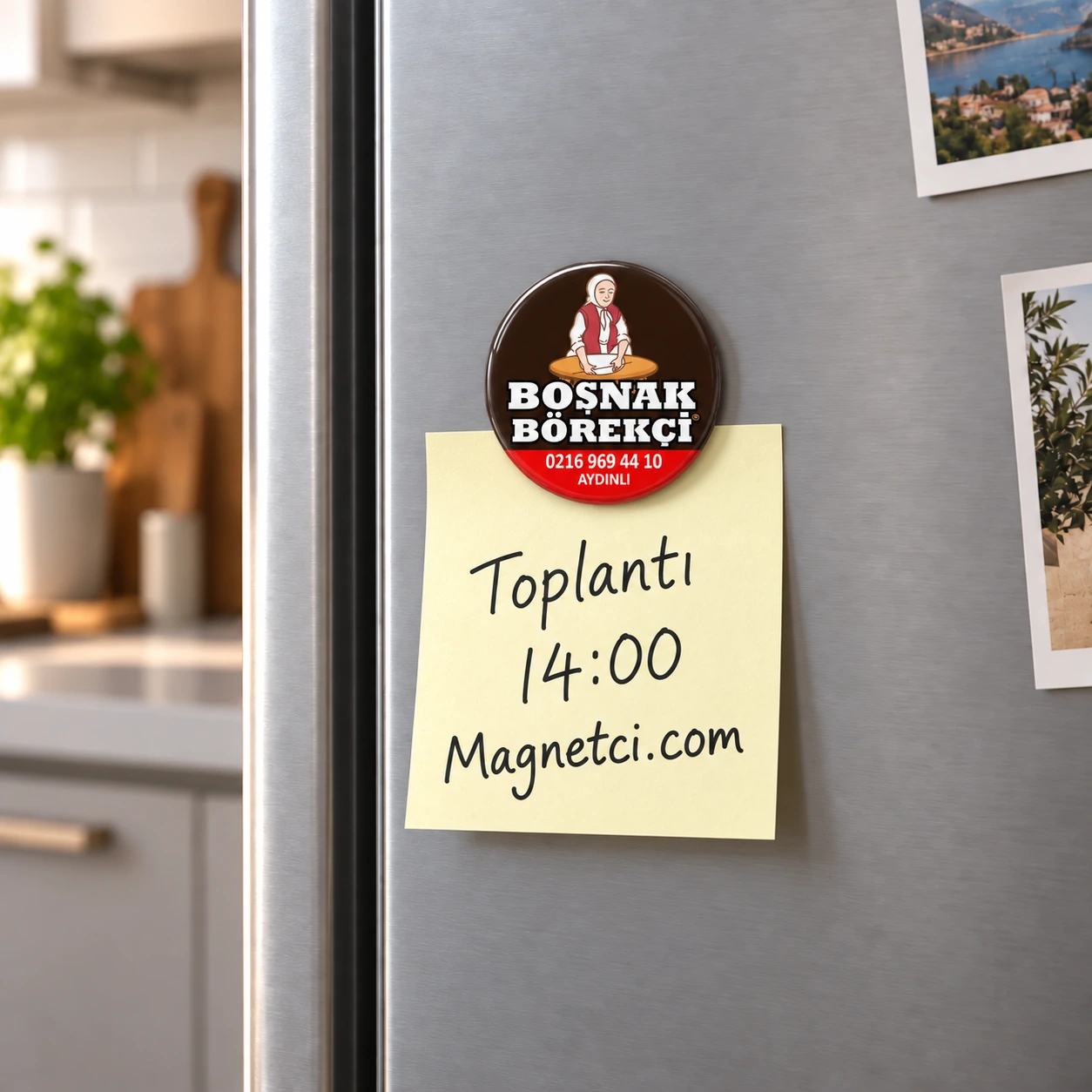 58MM-06 buzdolabında Toplantı 14:00 Magnetci.com notunu tutan 58 mm buton magnet