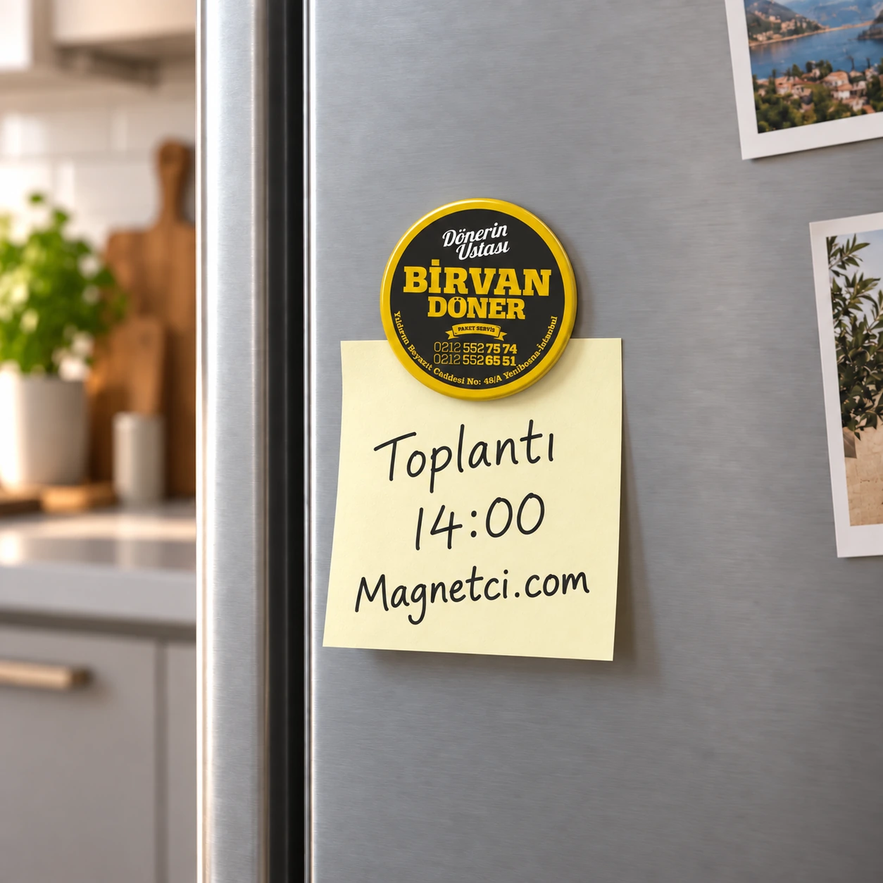 58MM-07 buzdolabında Toplantı 14:00 Magnetci.com notunu tutan 58 mm buton magnet