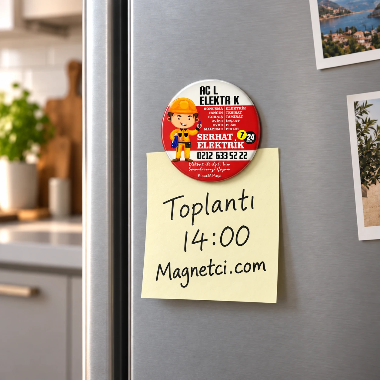 58MM-08 buzdolabında Toplantı 14:00 Magnetci.com notunu tutan 58 mm buton magnet