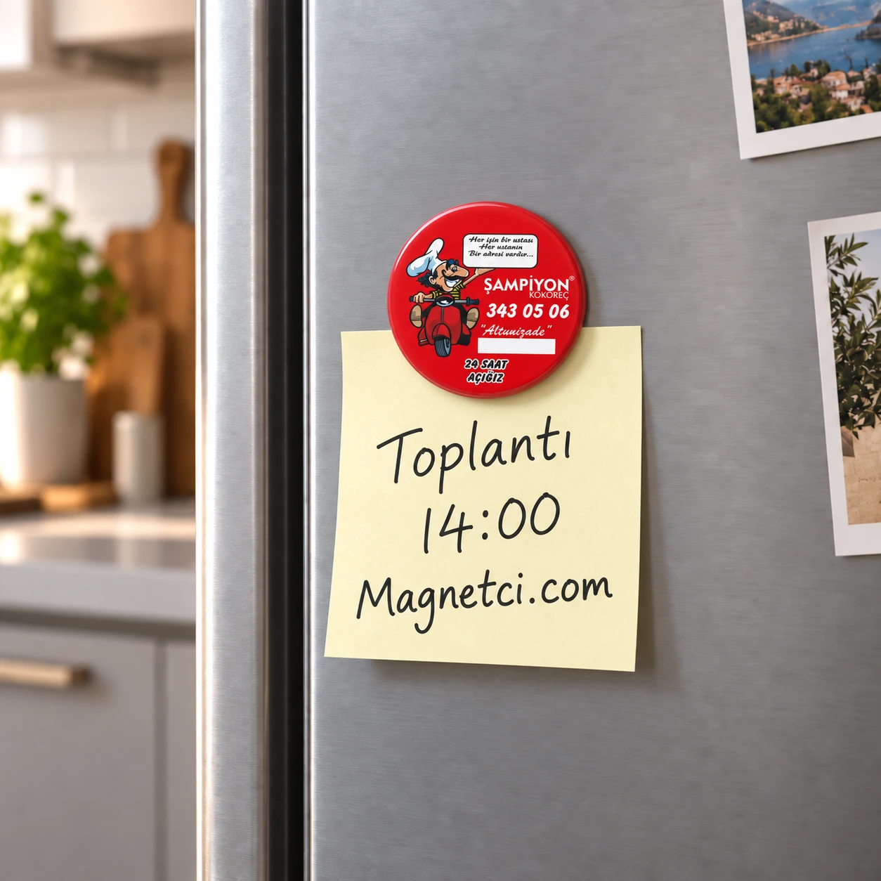 58MM-10 buzdolabında Toplantı 14:00 Magnetci.com notunu tutan 58 mm buton magnet