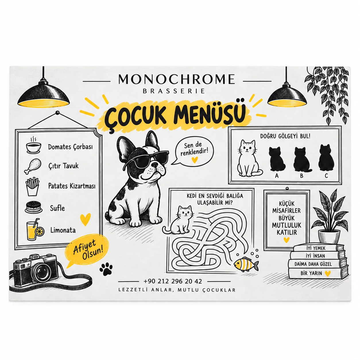 AMS-09 Monochrome Brasserie temalı Amerikan servis kuşbakışı beyaz zemin ürün görseli