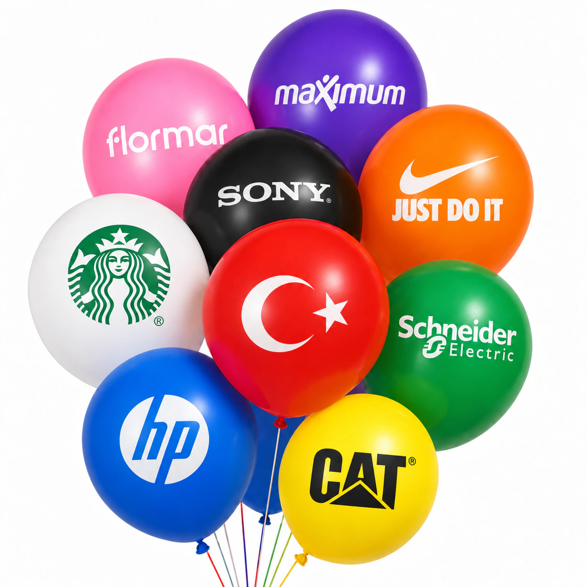 Flormar, Maximum, Starbucks, Sony, Nike, HP, Schneider Electric ve CAT logolu promosyon balonları