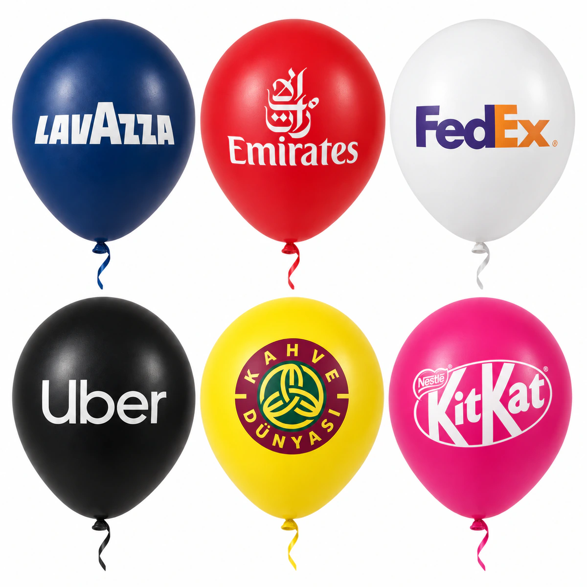 Lavazza, Emirates, FedEx, Uber, Kahve Dünyası ve KitKat logolu promosyon balonları