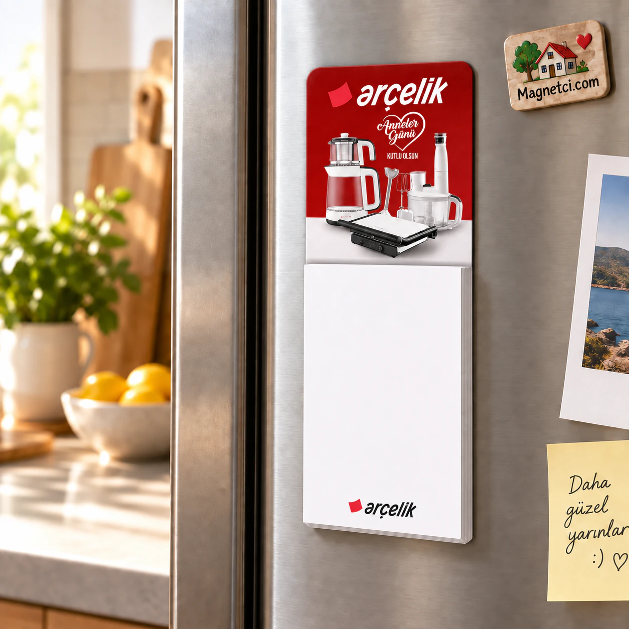 BM-02 bloknotlu magnet, 50 yapraklı not bloğuyla buzdolabı kullanım sahnesi