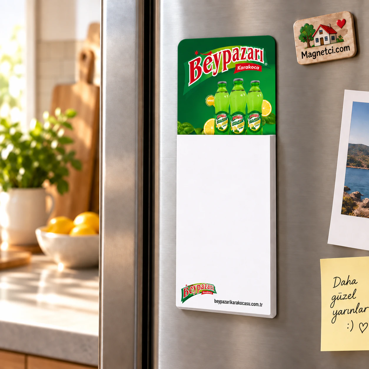 BM-03 bloknotlu magnet, 50 yapraklı not bloğuyla buzdolabı kullanım sahnesi