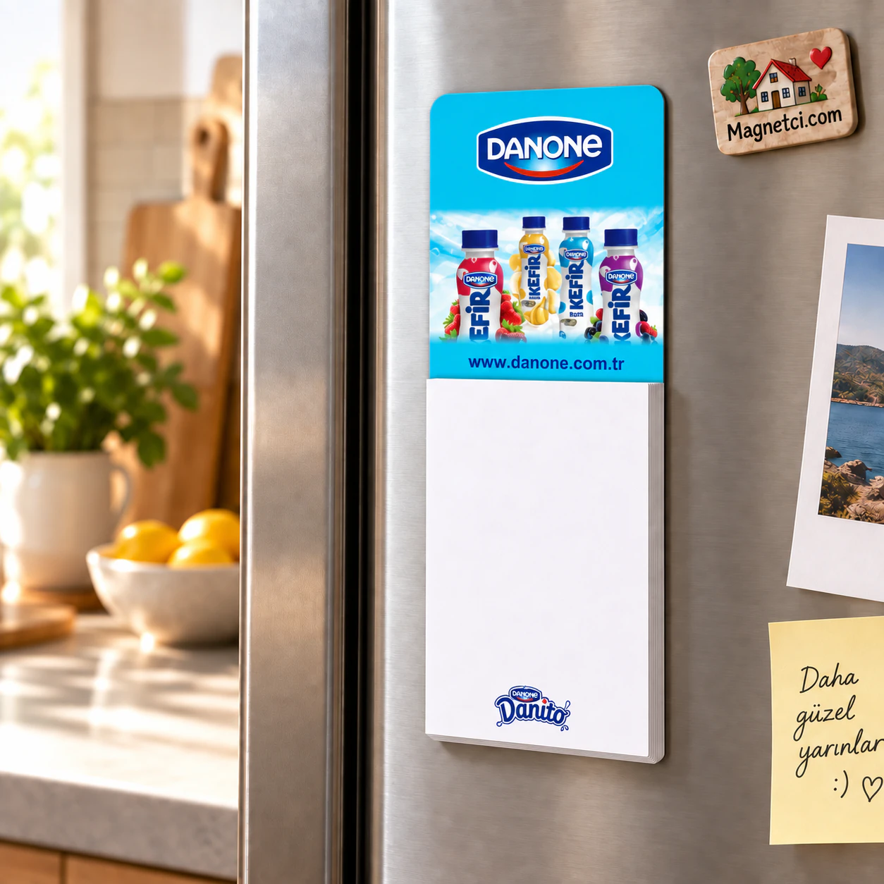 BM-04 bloknotlu magnet, 50 yapraklı not bloğuyla buzdolabı kullanım sahnesi