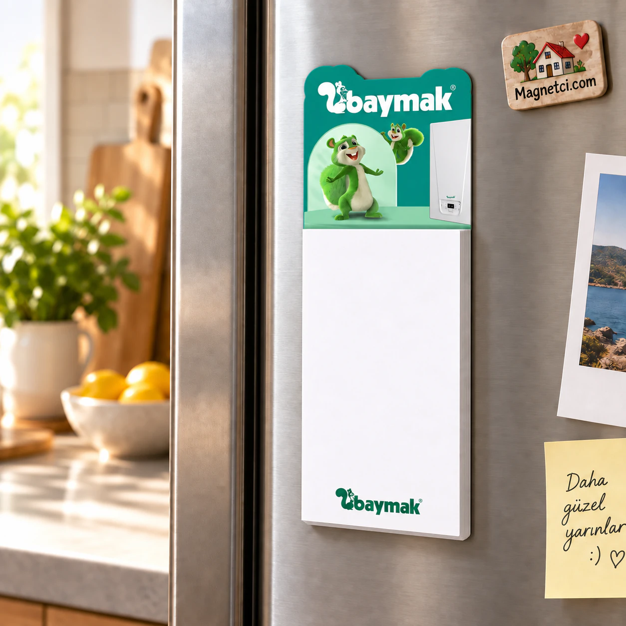 BM-05 bloknotlu magnet, 50 yapraklı not bloğuyla buzdolabı kullanım sahnesi