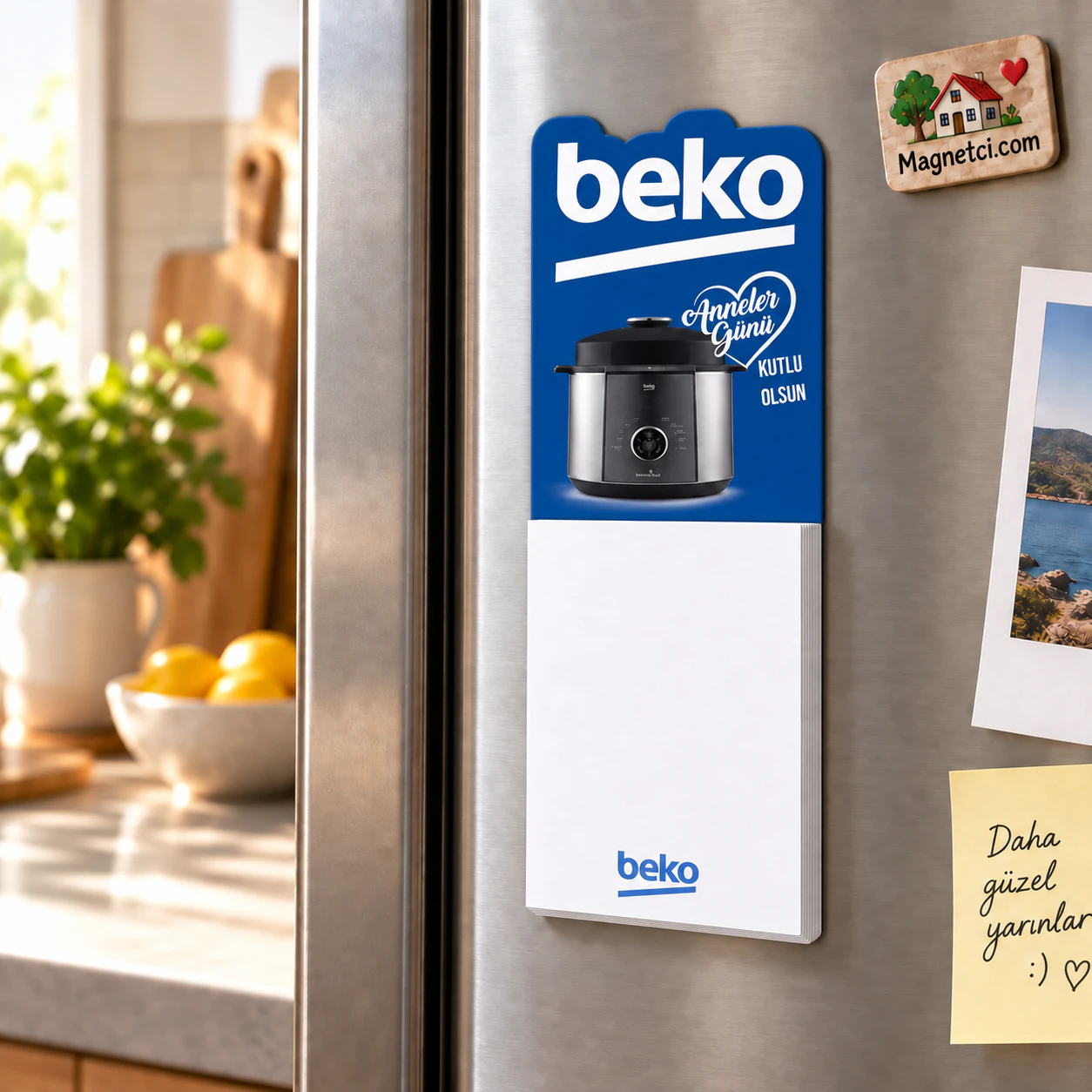 BM-06 bloknotlu magnet, 50 yapraklı not bloğuyla buzdolabı kullanım sahnesi