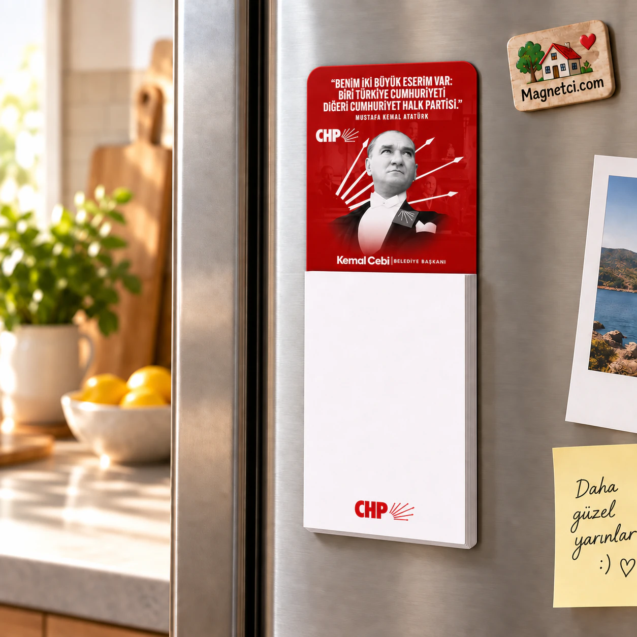 BM-09 bloknotlu magnet, 50 yapraklı not bloğuyla buzdolabı kullanım sahnesi