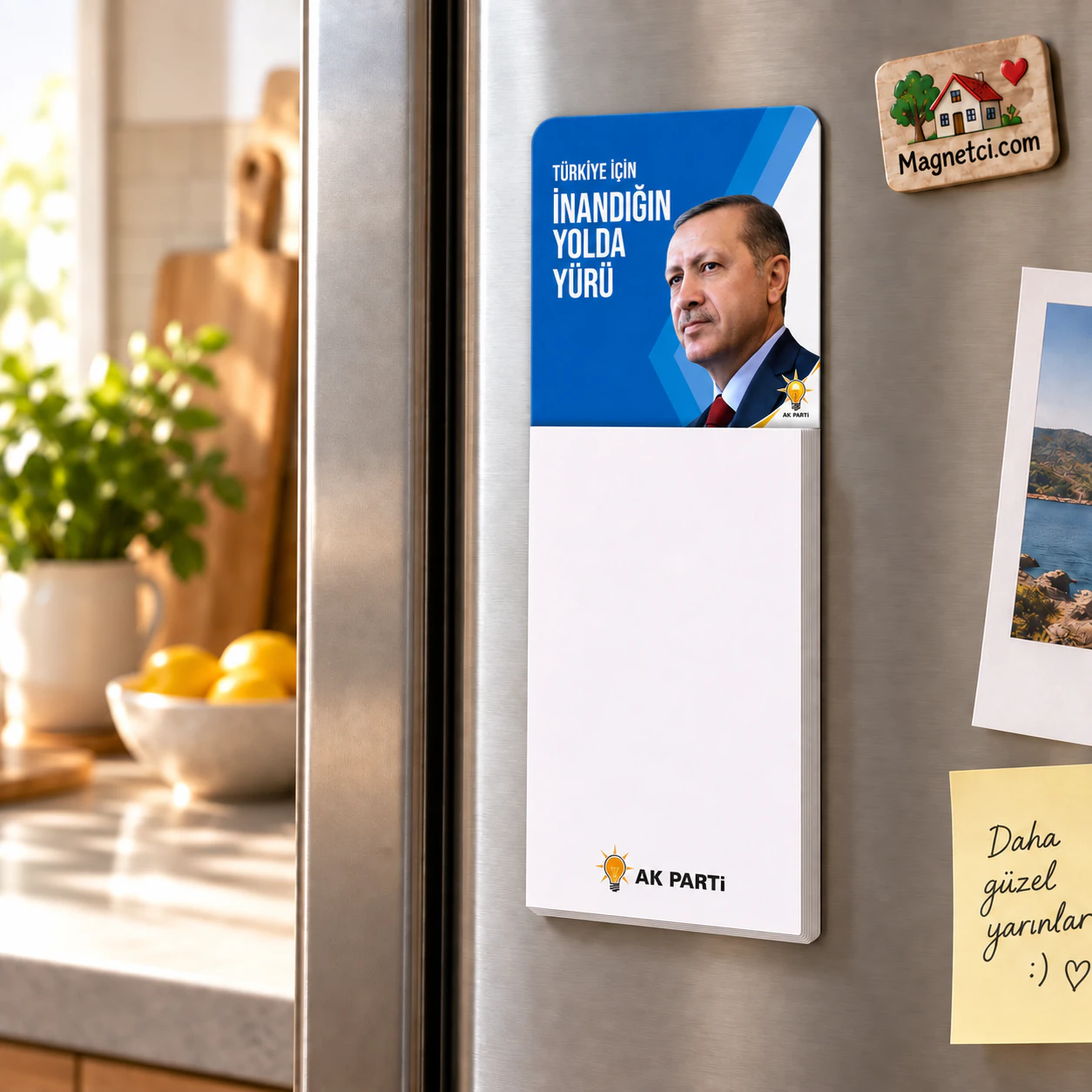 BM-10 bloknotlu magnet, 50 yapraklı not bloğuyla buzdolabı kullanım sahnesi