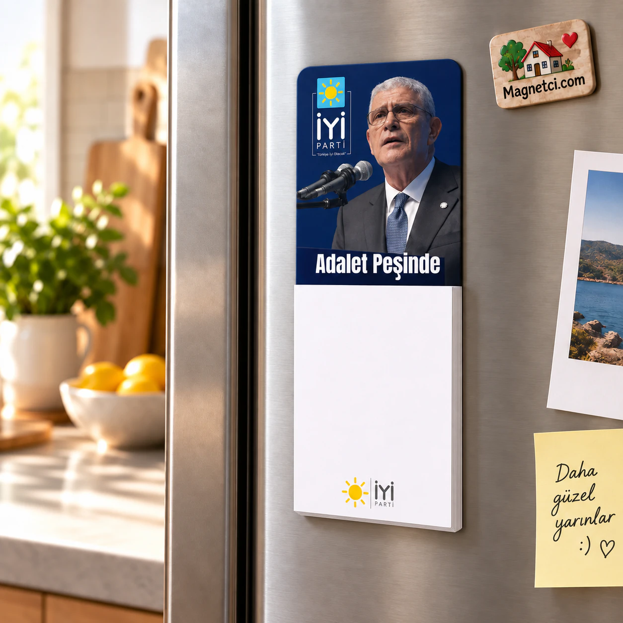 BM-11 bloknotlu magnet, 50 yapraklı not bloğuyla buzdolabı kullanım sahnesi