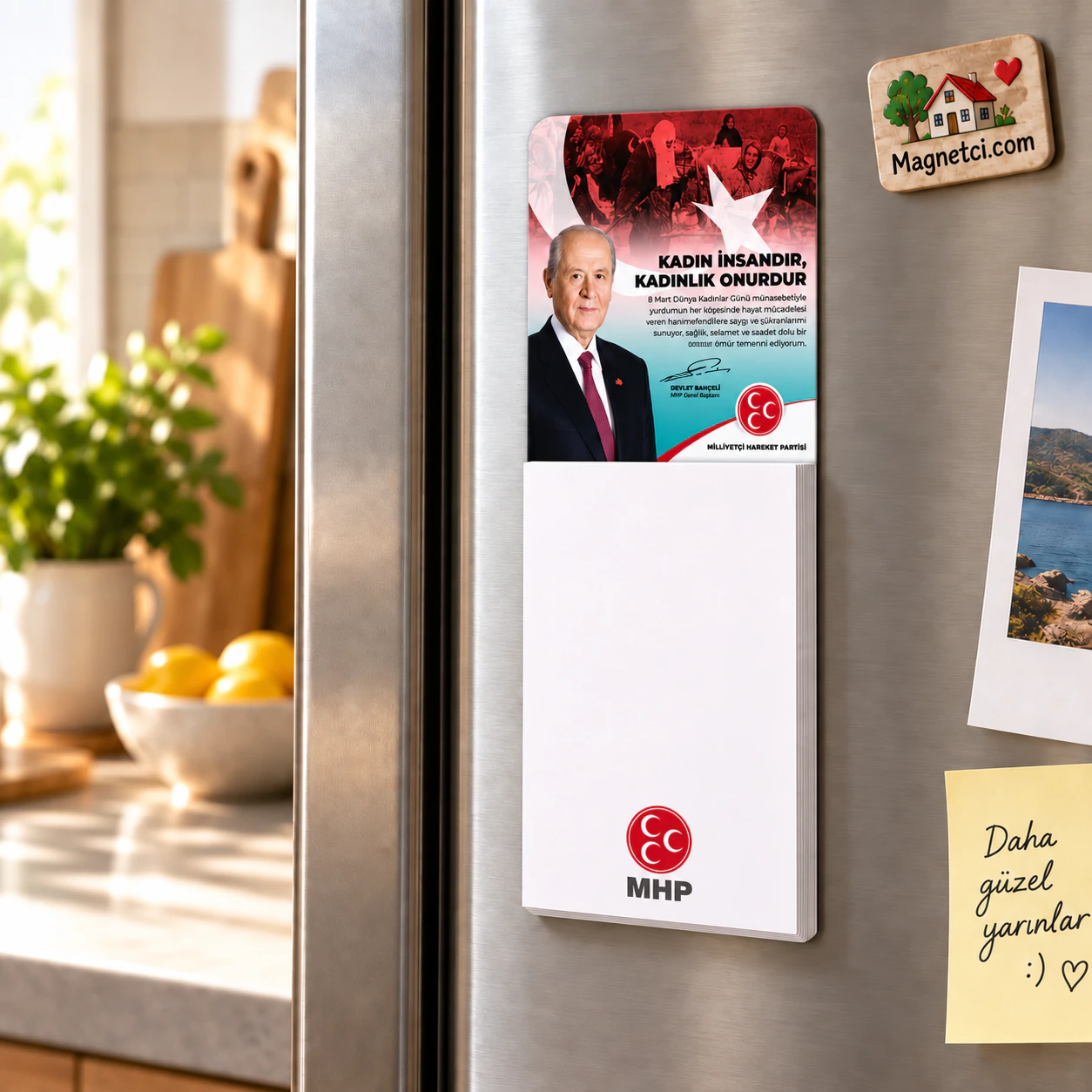BM-12 bloknotlu magnet, 50 yapraklı not bloğuyla buzdolabı kullanım sahnesi