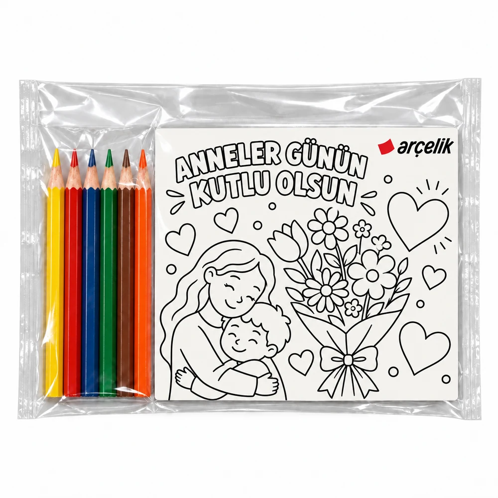 BYM-03 Arçelik Anneler Günü boyama magneti ve altı kuru boya kaleminden oluşan OPP poşetli set