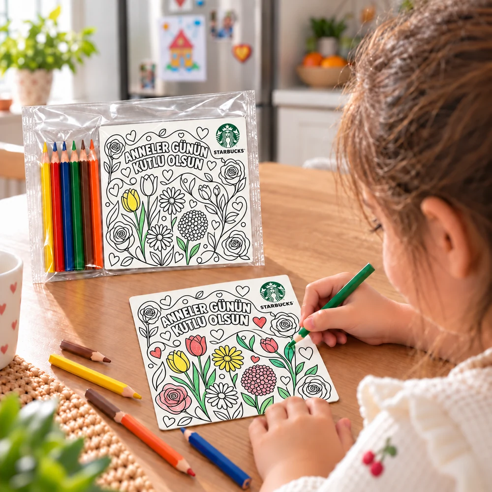 Çocuğun Starbucks logolu BYM-04 Anneler Günü çiçek magnetini boyadığı kullanım senaryosu
