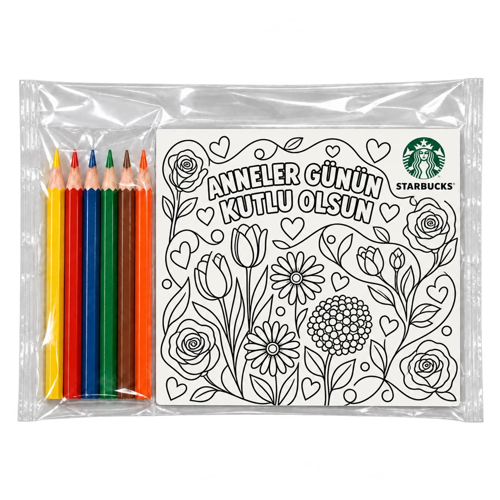 BYM-04 Starbucks Anneler Günü boyama magneti ve altı kuru boya kaleminden oluşan OPP poşetli set