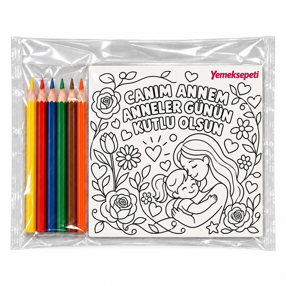 BYM-05 Yemeksepeti Anneler Günü boyama magneti ve altı kuru boya kaleminden oluşan OPP poşetli set