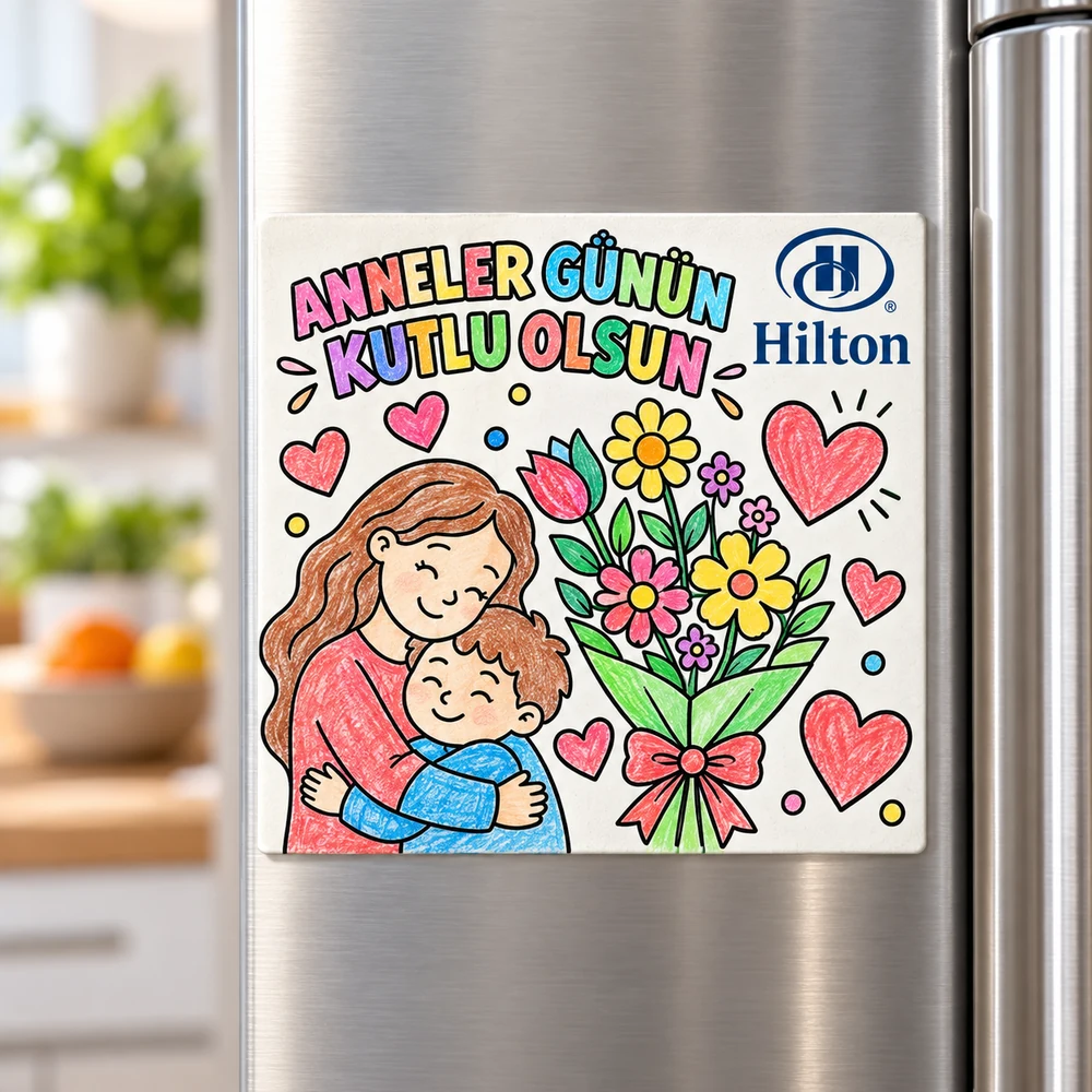 Buzdolabı üzerinde tamamlanmış Hilton logolu BYM-08 Anneler Günü magneti