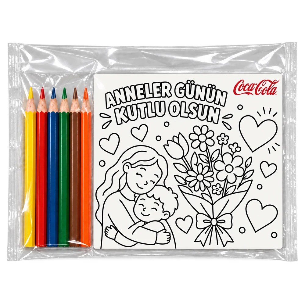 BYM-09 Coca-Cola Anneler Günü boyama magneti ve altı kuru boya kaleminden oluşan OPP poşetli set