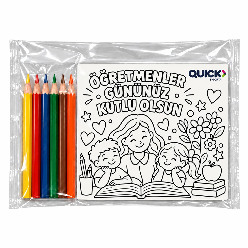 BYM-12 Quick Sigorta Öğretmenler Günü boyama magneti ve altı kuru boya kaleminden oluşan OPP poşetli set