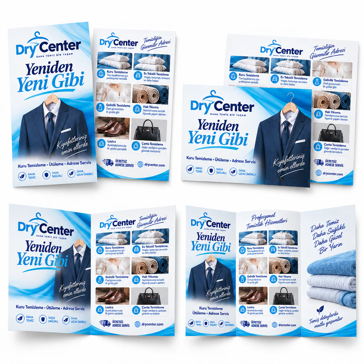 1CA3 kodlu A3 çift yön renkli baskılı Dry Center el ilanının düz, tek kırımlı ve iki kırımlı kullanım biçimleri