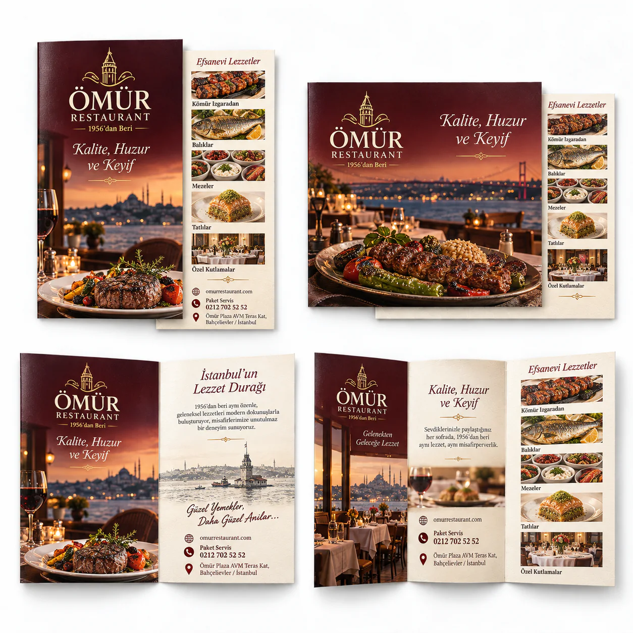 5CA3 kodlu A3 çift yön renkli baskılı Ömür Restaurant el ilanının düz, tek kırımlı ve iki kırımlı kullanım biçimleri
