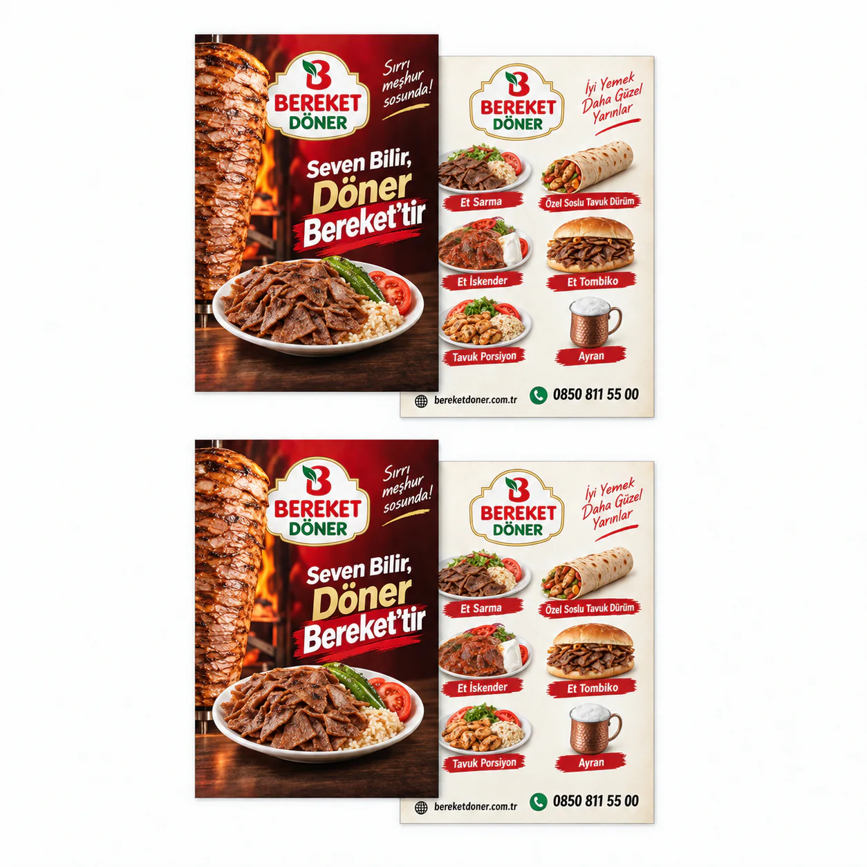 5CA4 kodlu A4 çift yön renkli baskılı Bereket Döner el ilanı ön ve arka yüzleri, iki takım