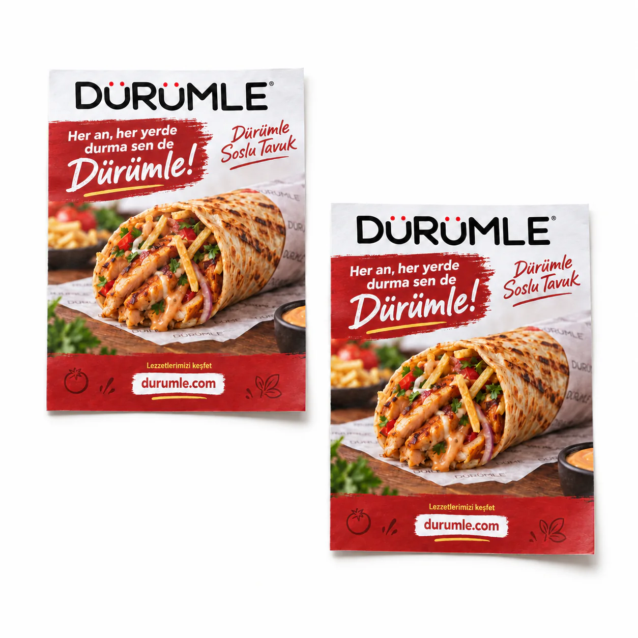 İLRA4 kodlu 90 gr kuşe, tek yön renkli, 198 × 274 mm Dürümle tasarımlı ofset baskılı ilan