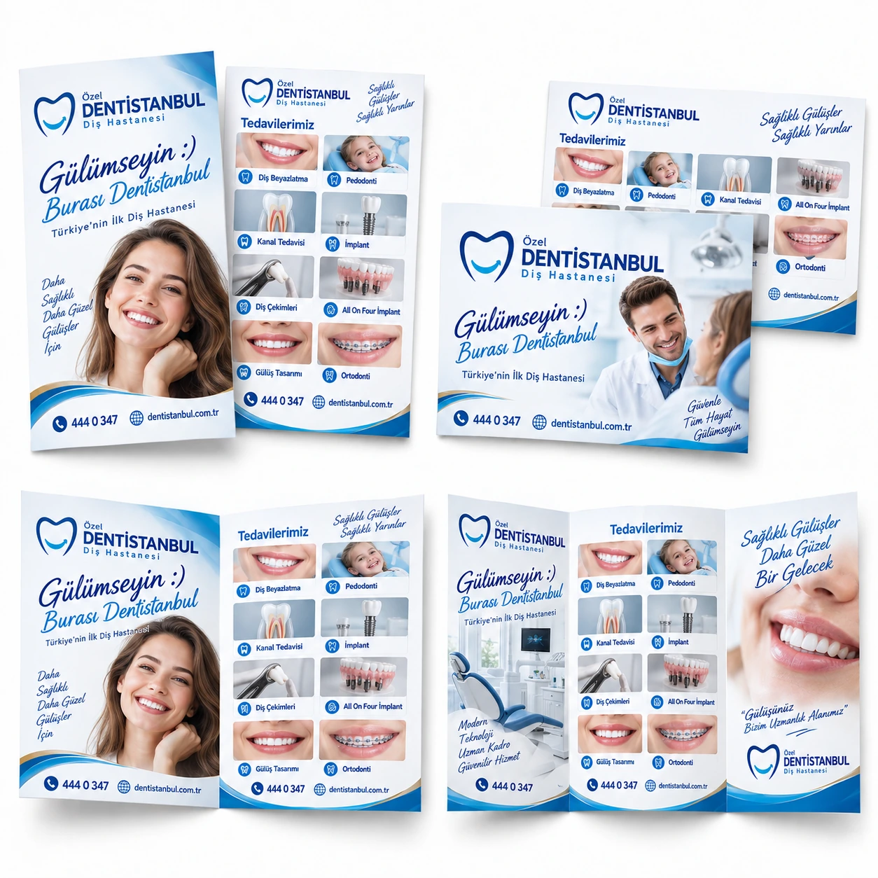 P2CA4 kodlu A4 çift yön renkli baskılı Dentistanbul el ilanının dikey, yatay, tek kırımlı ve iki kırımlı kullanım biçimleri