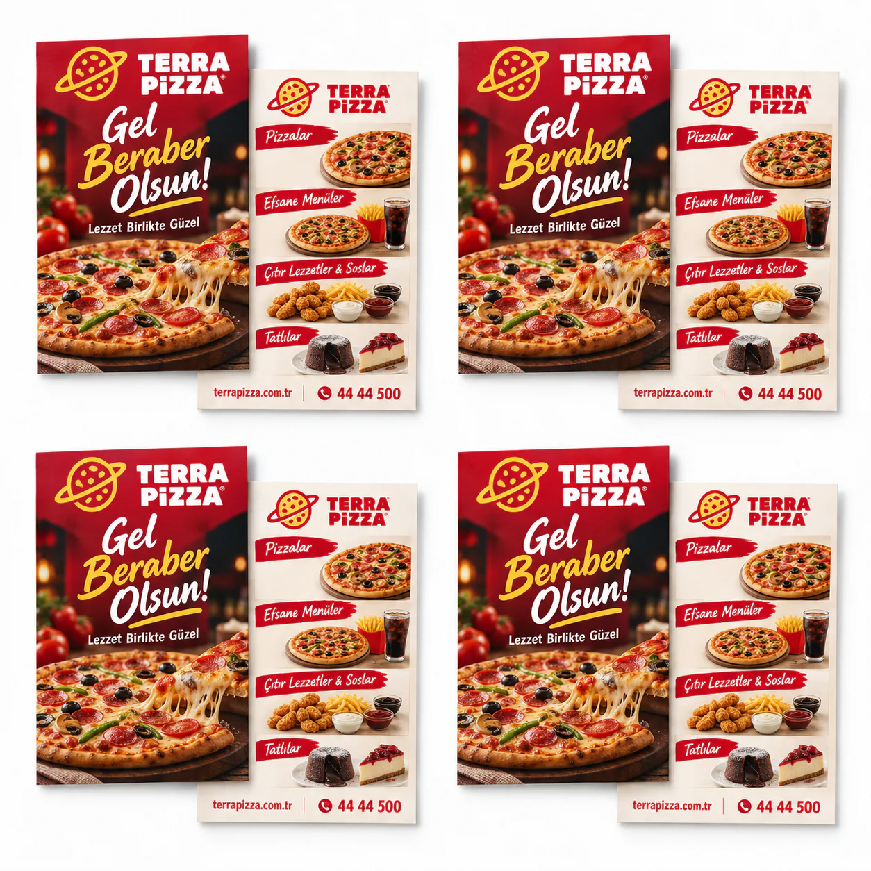 P2CA5 kodlu A5 çift yön renkli baskılı Terra Pizza el ilanı ön ve arka yüzleri, dört takım