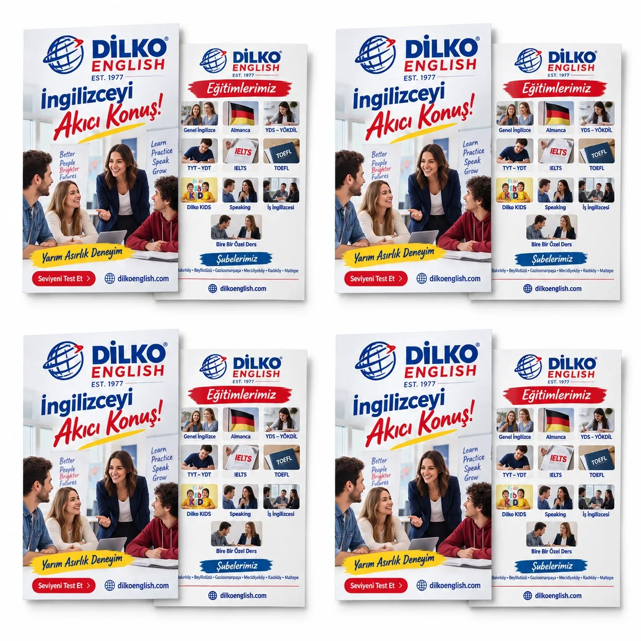 P5CA5 kodlu A5 çift yön renkli baskılı Dilko English el ilanı ön ve arka yüzleri, dört takım