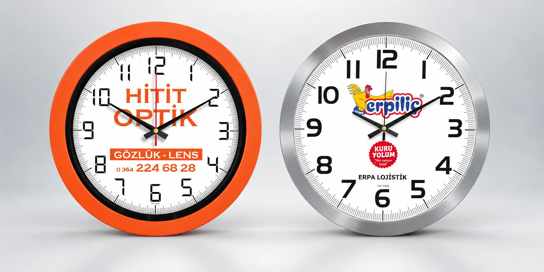 Turuncu ve metal kasalı baskılı promosyon duvar saati örnekleri