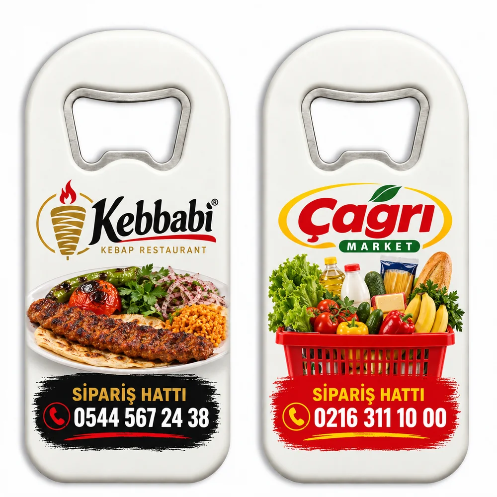 Kebbabi ve Çağrı Market baskılı ekonomik düz açacak magnet örnekleri