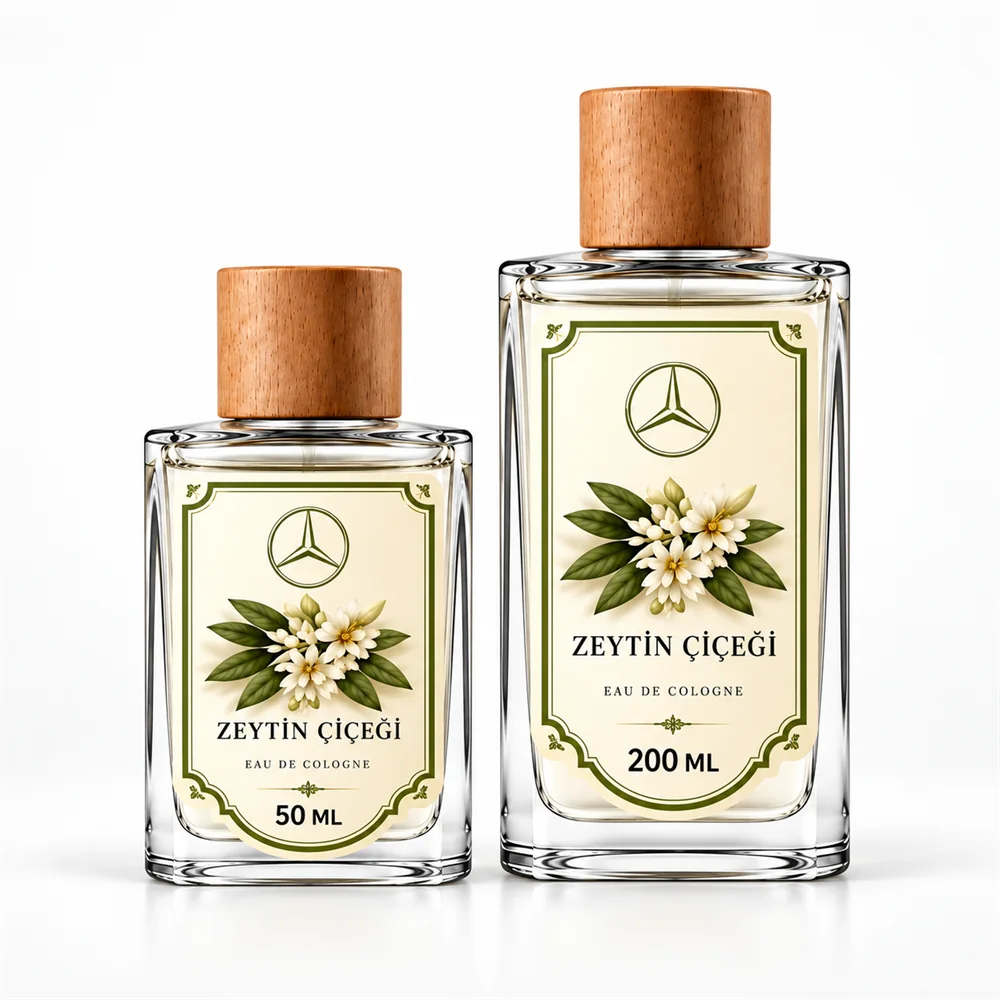 Mercedes-Benz logolu Zeytin Çiçeği kokulu 50 ml ve 200 ml kolonya şişeleri