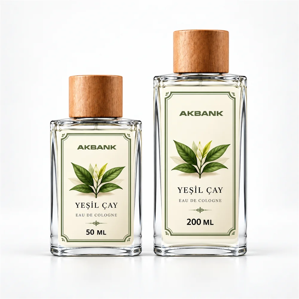 Akbank logolu Yeşil Çay kokulu 50 ml ve 200 ml kolonya şişeleri