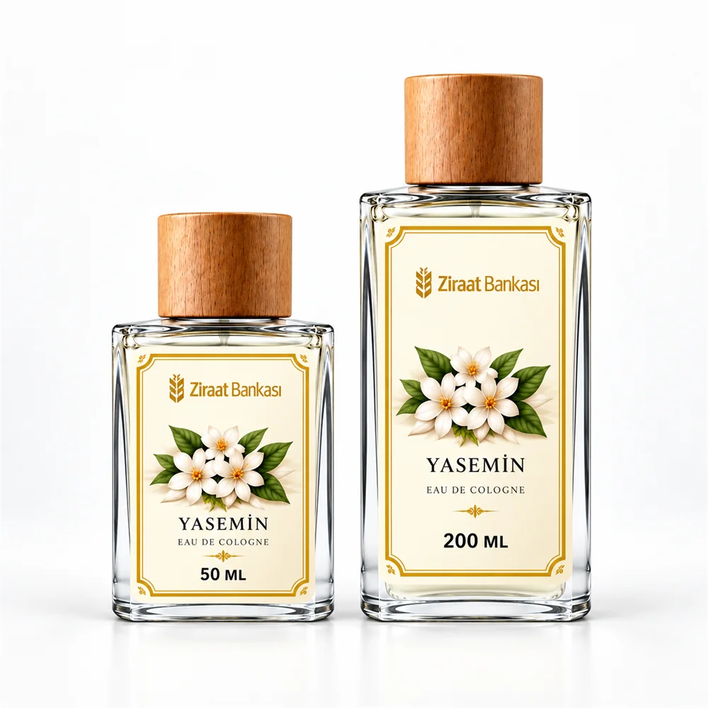 Ziraat Bankası logolu Yasemin kokulu 50 ml ve 200 ml kolonya şişeleri