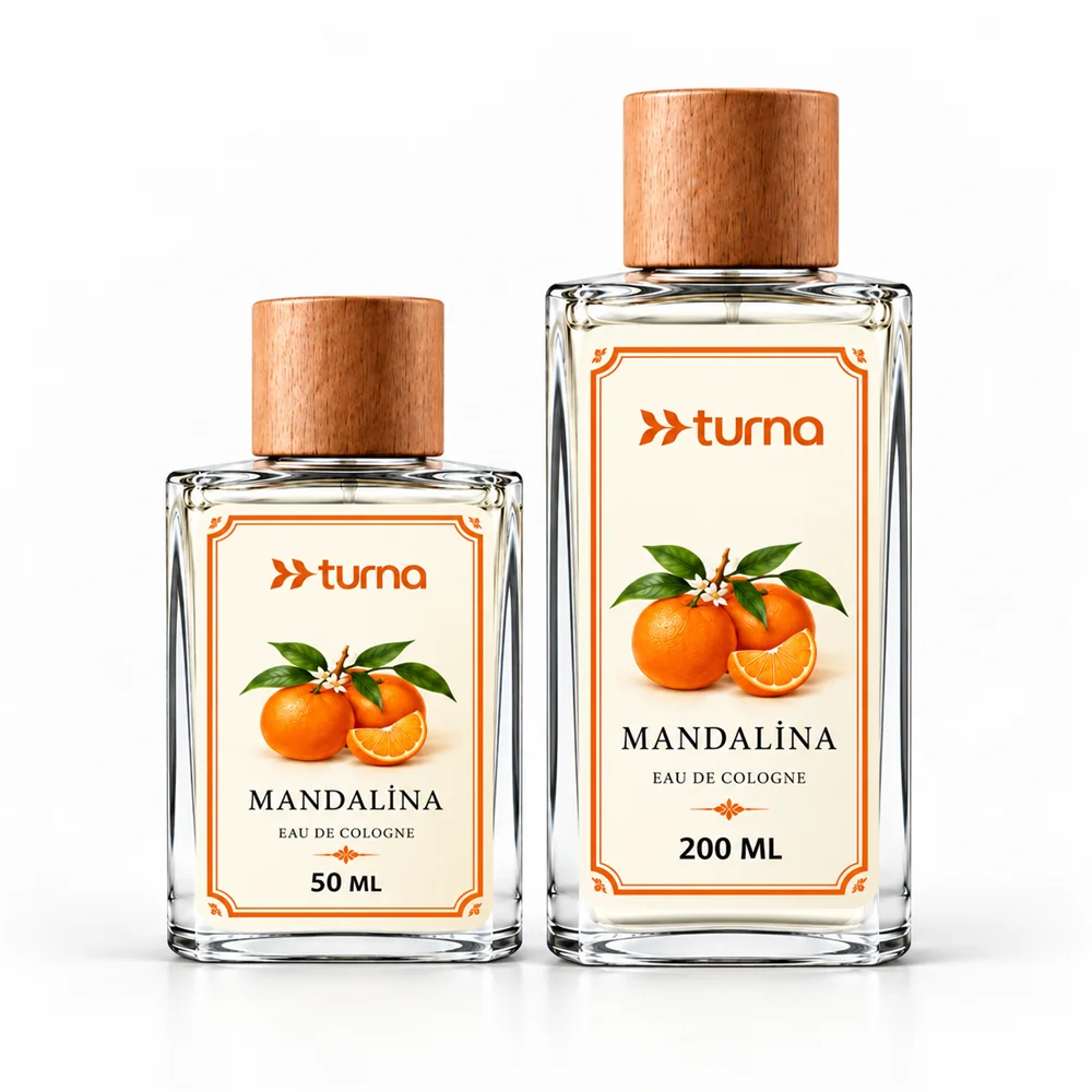 Turna.com logolu Mandalina kokulu 50 ml ve 200 ml kolonya şişeleri