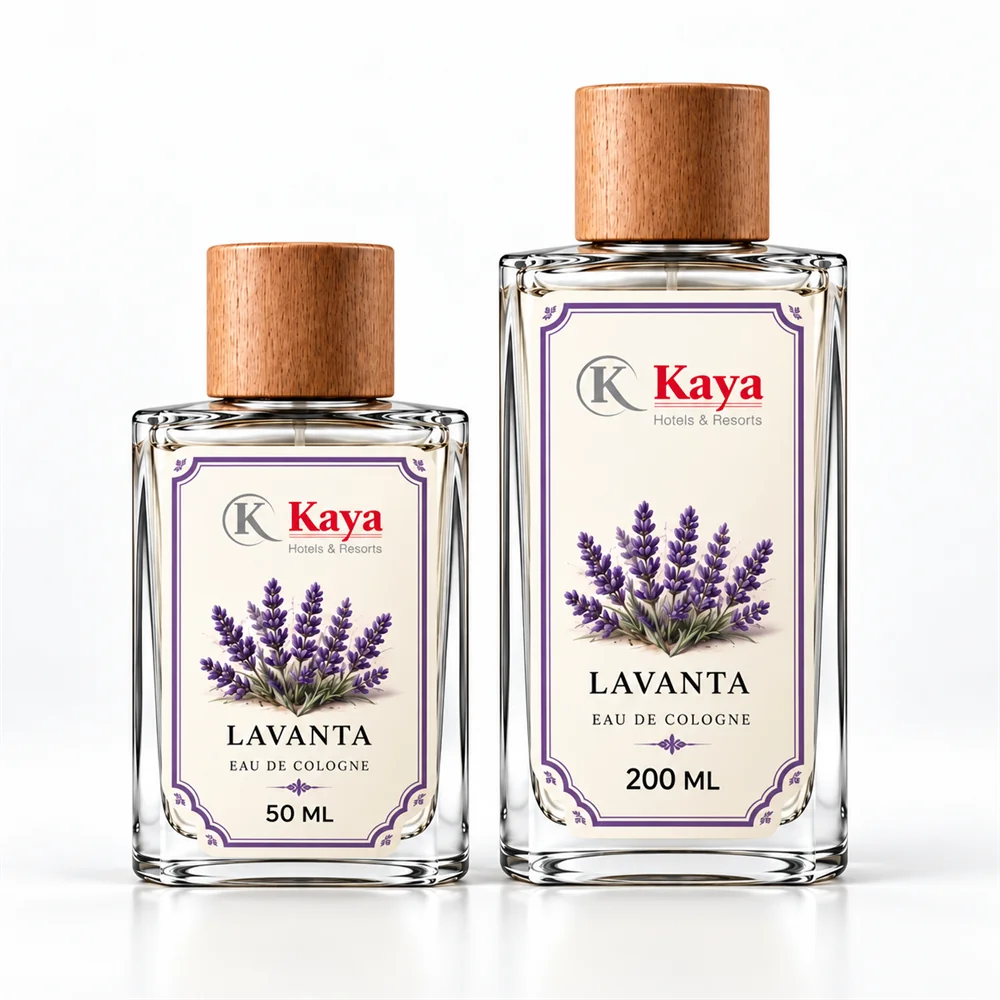 Kaya Hotels & Resorts logolu Lavanta kokulu 50 ml ve 200 ml kolonya şişeleri