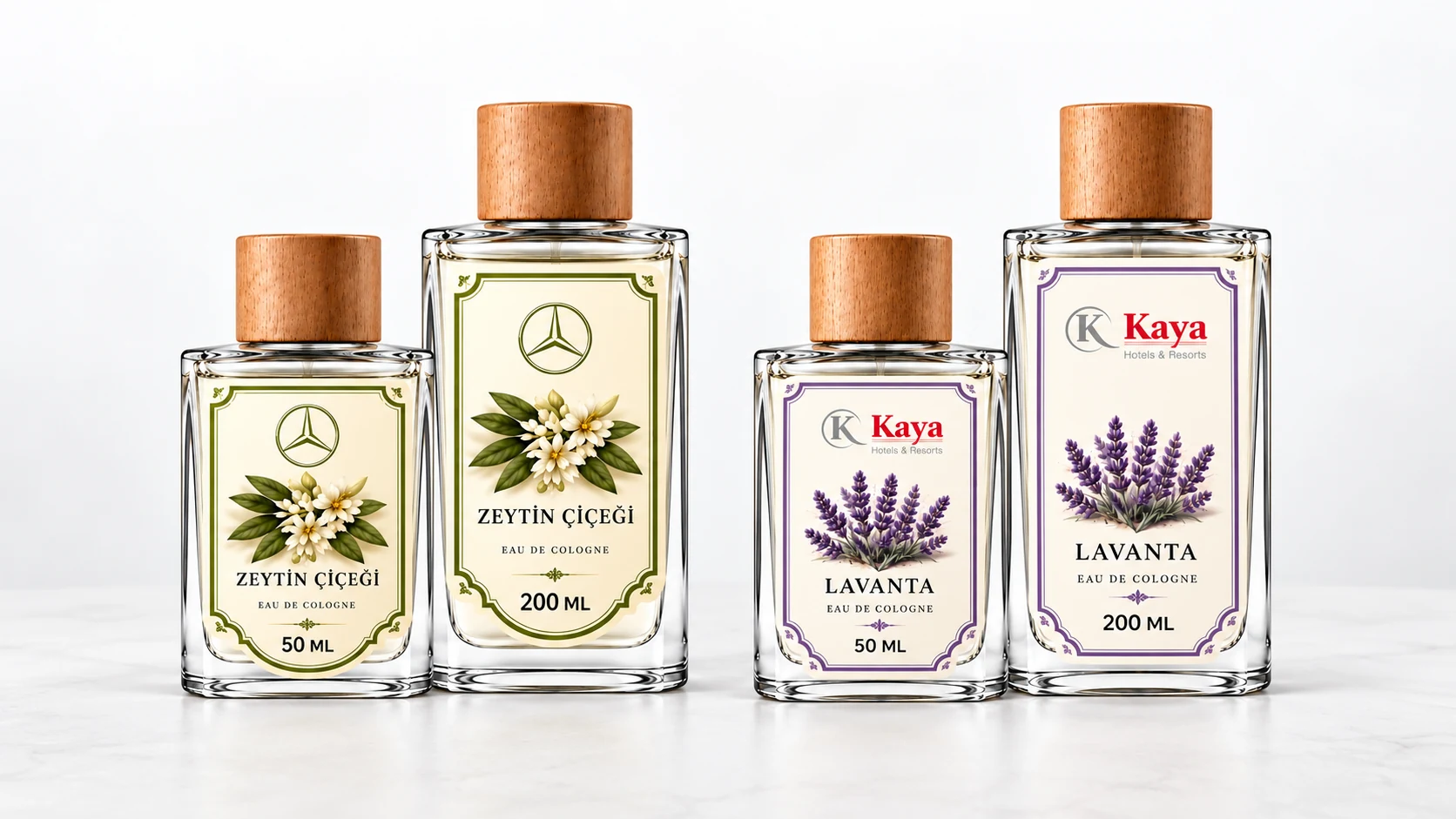 Dört logolu 50 ml ve 200 ml kolonya şişesi