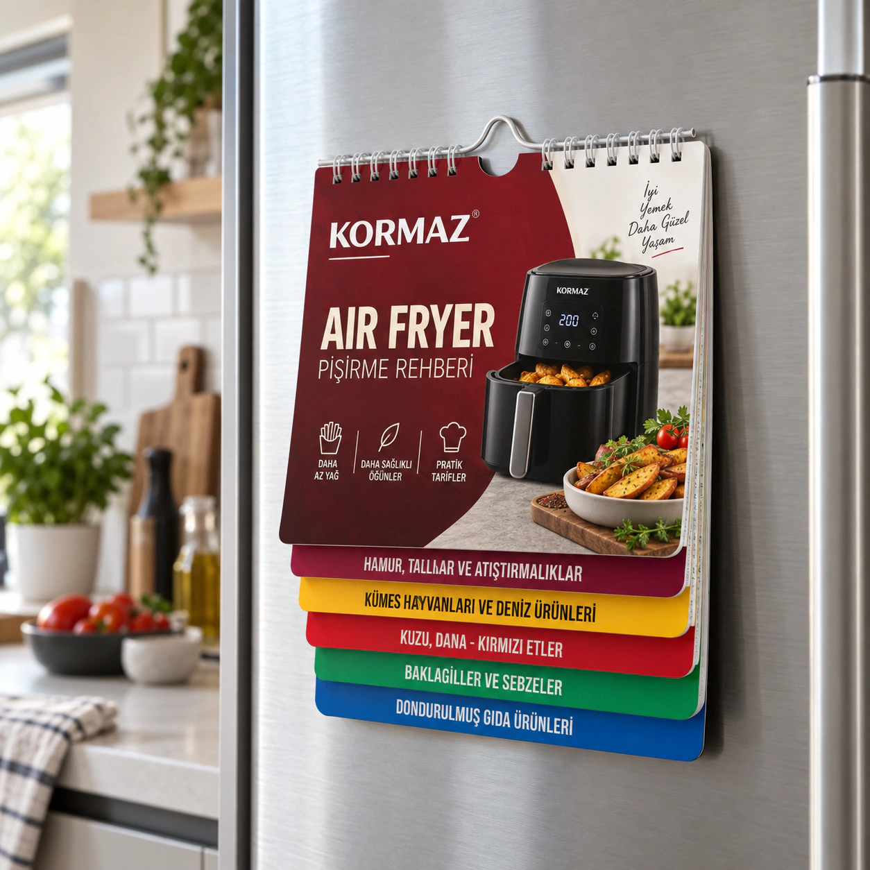 KORMAZ logolu LFR-01 air fryer pişirme rehberi; buzdolabına magnetle tutturulabilir ve askı bölümünden asılabilir
