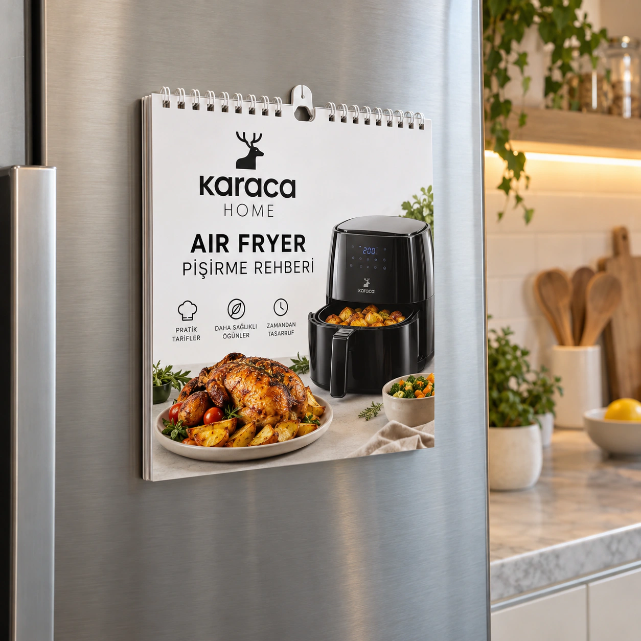 KARACA HOME logolu LFR-02 air fryer pişirme rehberi; buzdolabına magnetle tutturulabilir ve askı bölümünden asılabilir