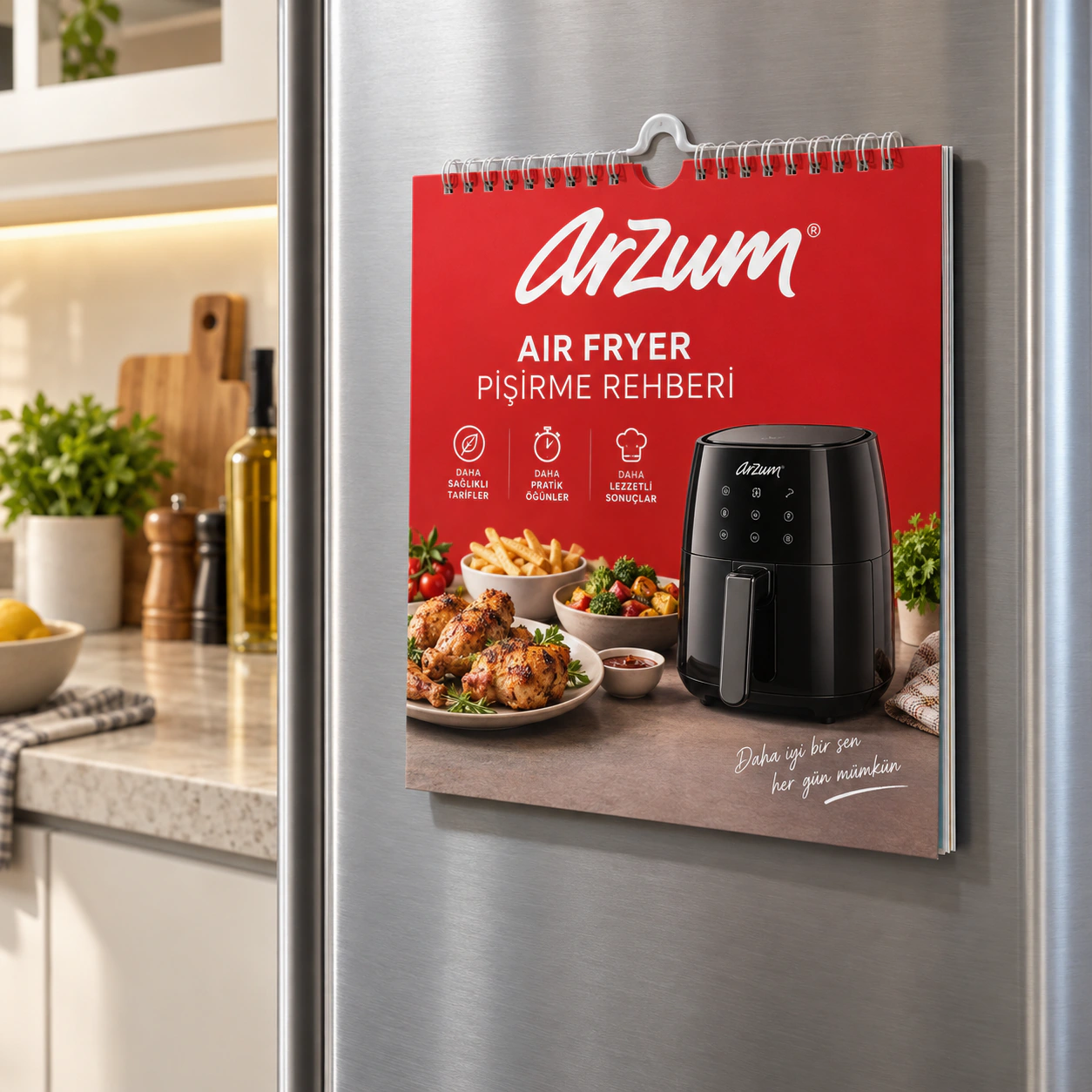 ARZUM logolu LFR-03 air fryer pişirme rehberi; buzdolabına magnetle tutturulabilir ve askı bölümünden asılabilir