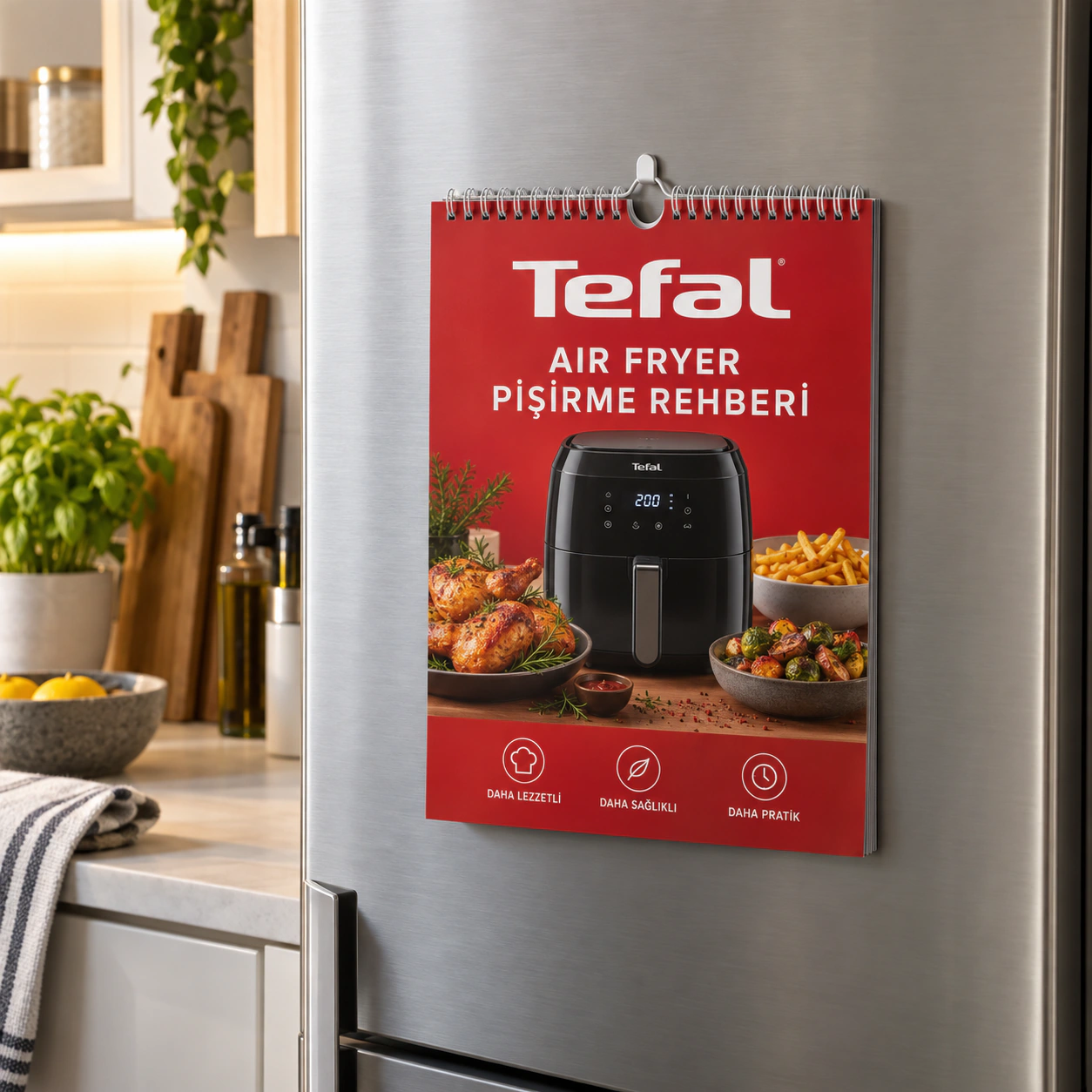 TEFAL logolu LFR-04 air fryer pişirme rehberi; buzdolabına magnetle tutturulabilir ve askı bölümünden asılabilir