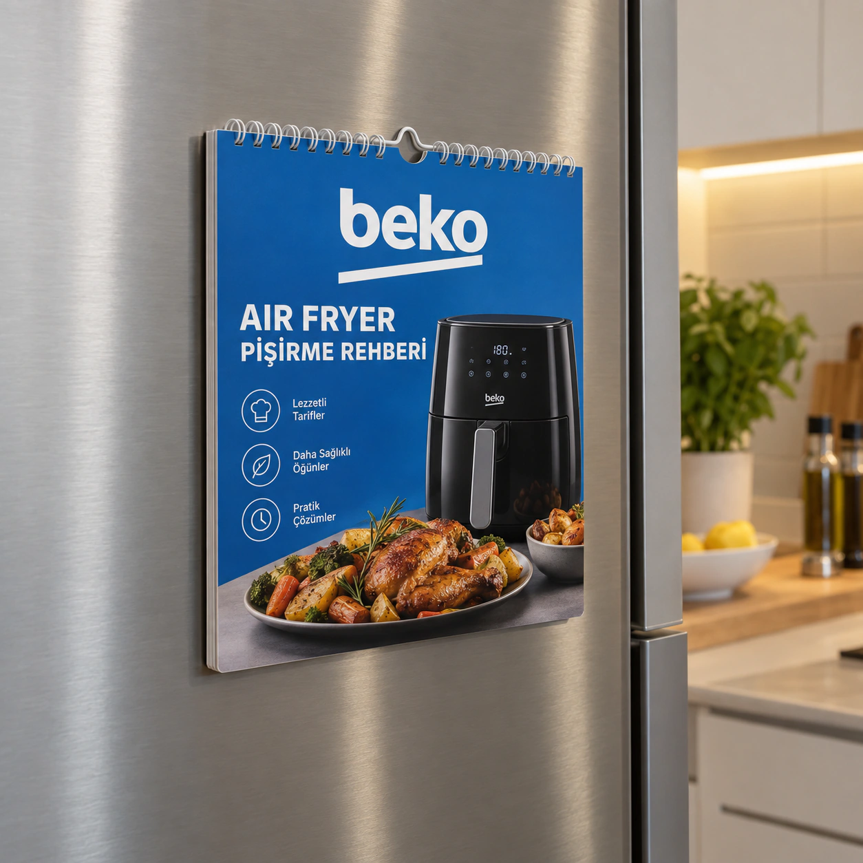 BEKO logolu LFR-05 air fryer pişirme rehberi; buzdolabına magnetle tutturulabilir ve askı bölümünden asılabilir