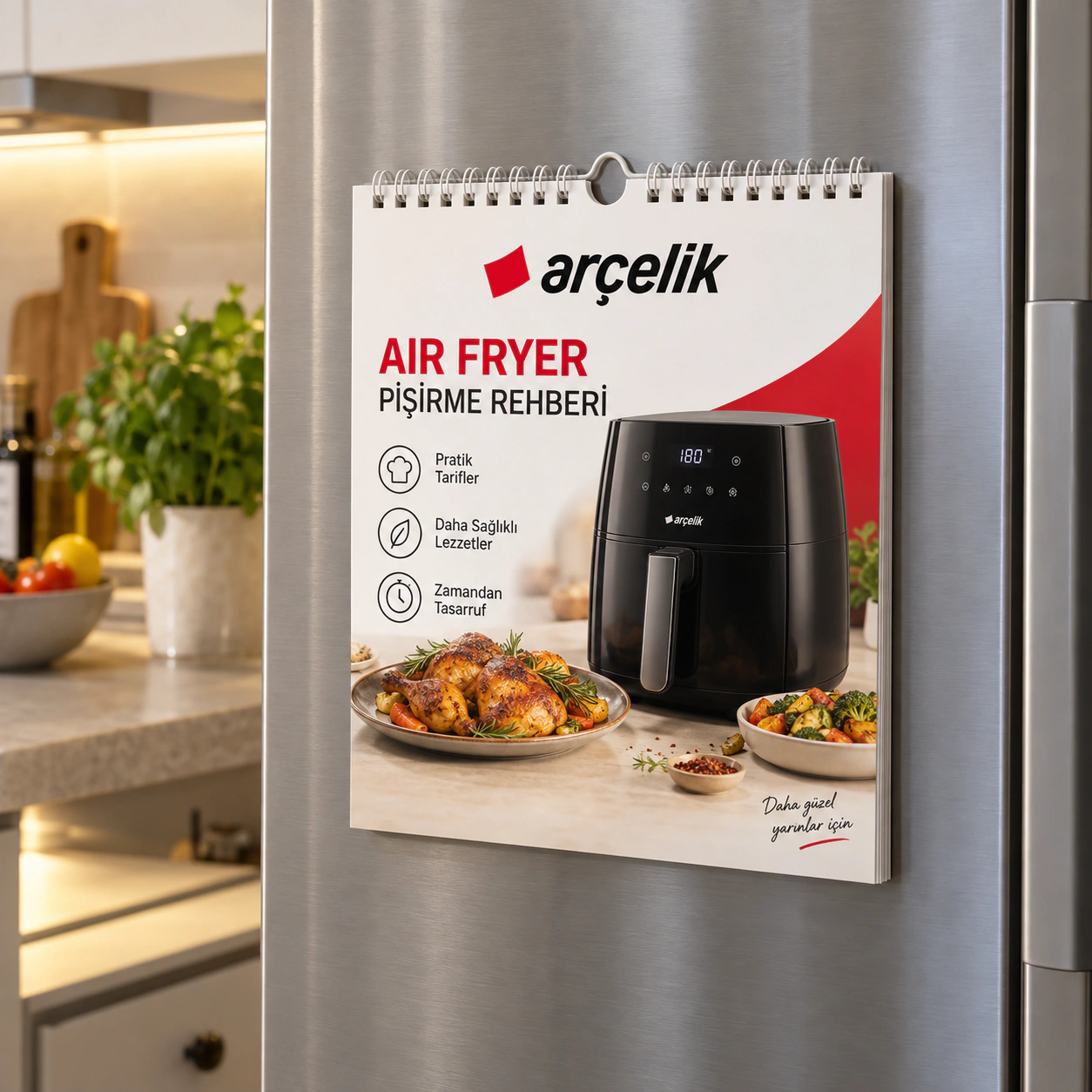 ARÇELİK logolu LFR-06 air fryer pişirme rehberi; buzdolabına magnetle tutturulabilir ve askı bölümünden asılabilir