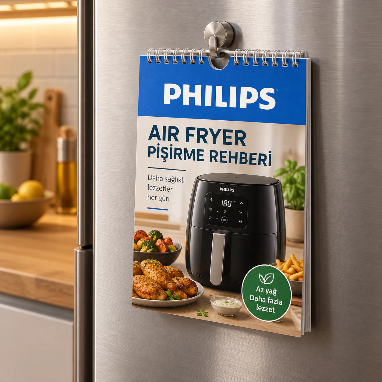 PHILIPS logolu LFR-07 air fryer pişirme rehberi; buzdolabına magnetle tutturulabilir ve askı bölümünden asılabilir