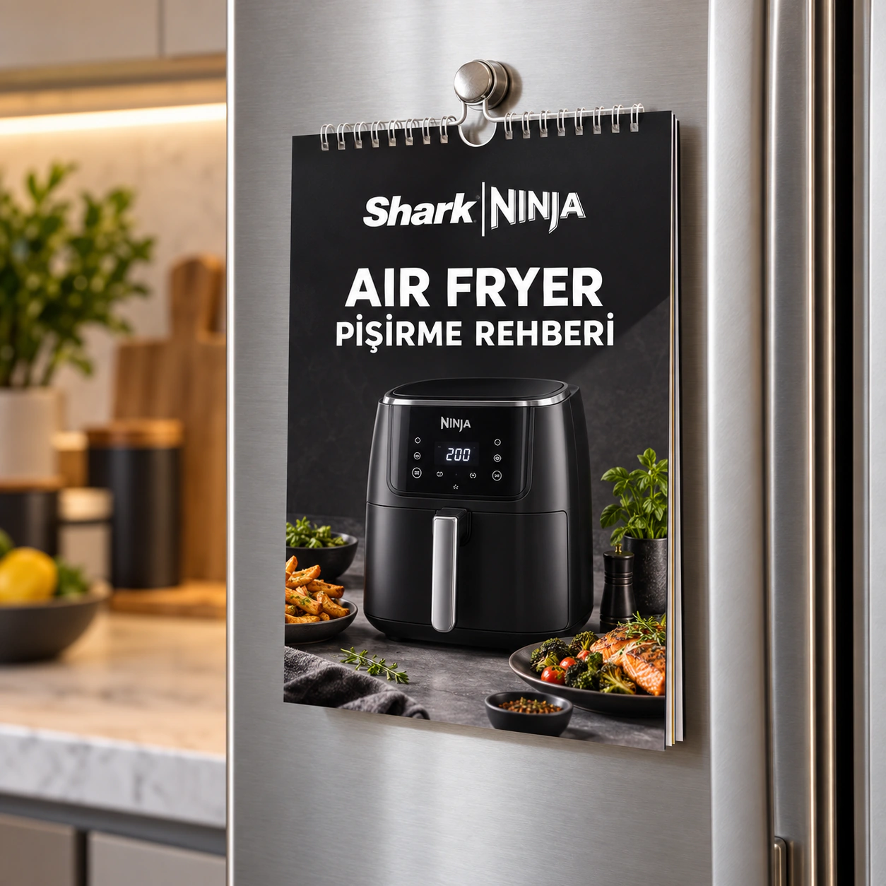 SHARKNINJA logolu LFR-08 air fryer pişirme rehberi; buzdolabına magnetle tutturulabilir ve askı bölümünden asılabilir