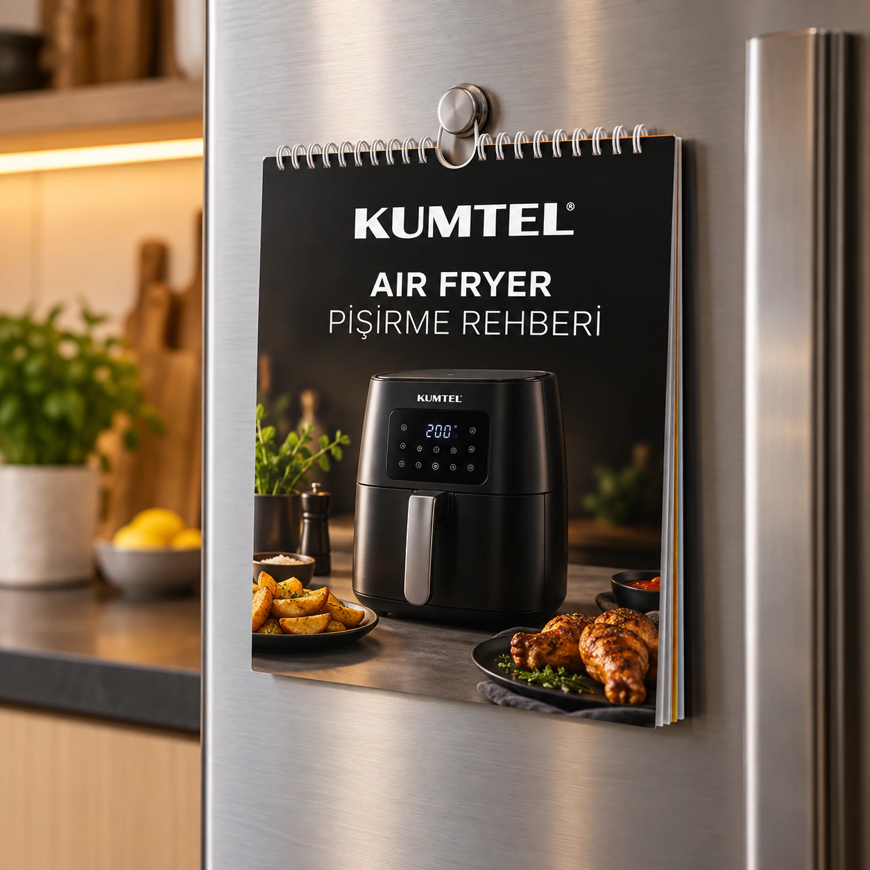 KUMTEL logolu LFR-09 air fryer pişirme rehberi; buzdolabına magnetle tutturulabilir ve askı bölümünden asılabilir