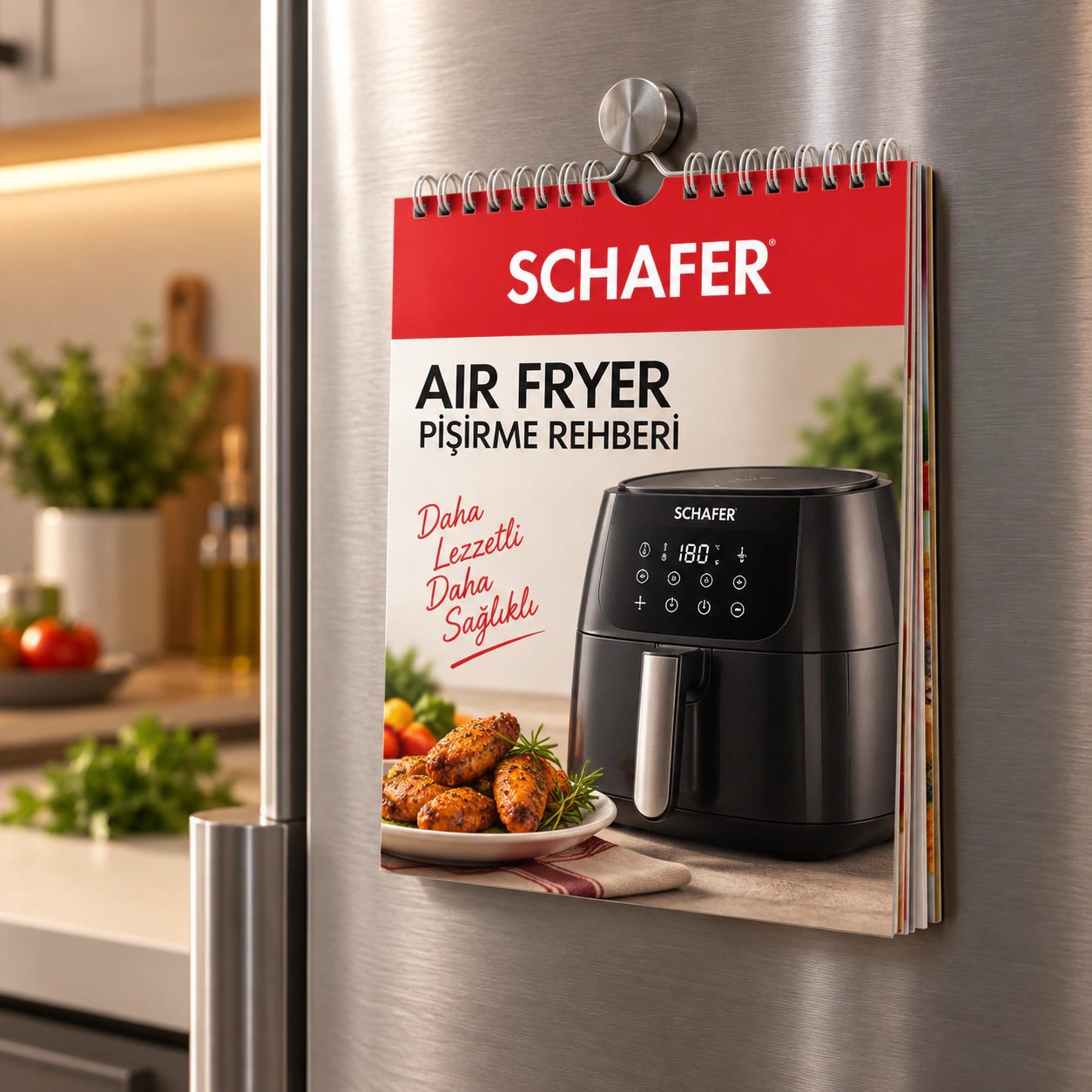 SCHAFER logolu LFR-10 air fryer pişirme rehberi; buzdolabına magnetle tutturulabilir ve askı bölümünden asılabilir